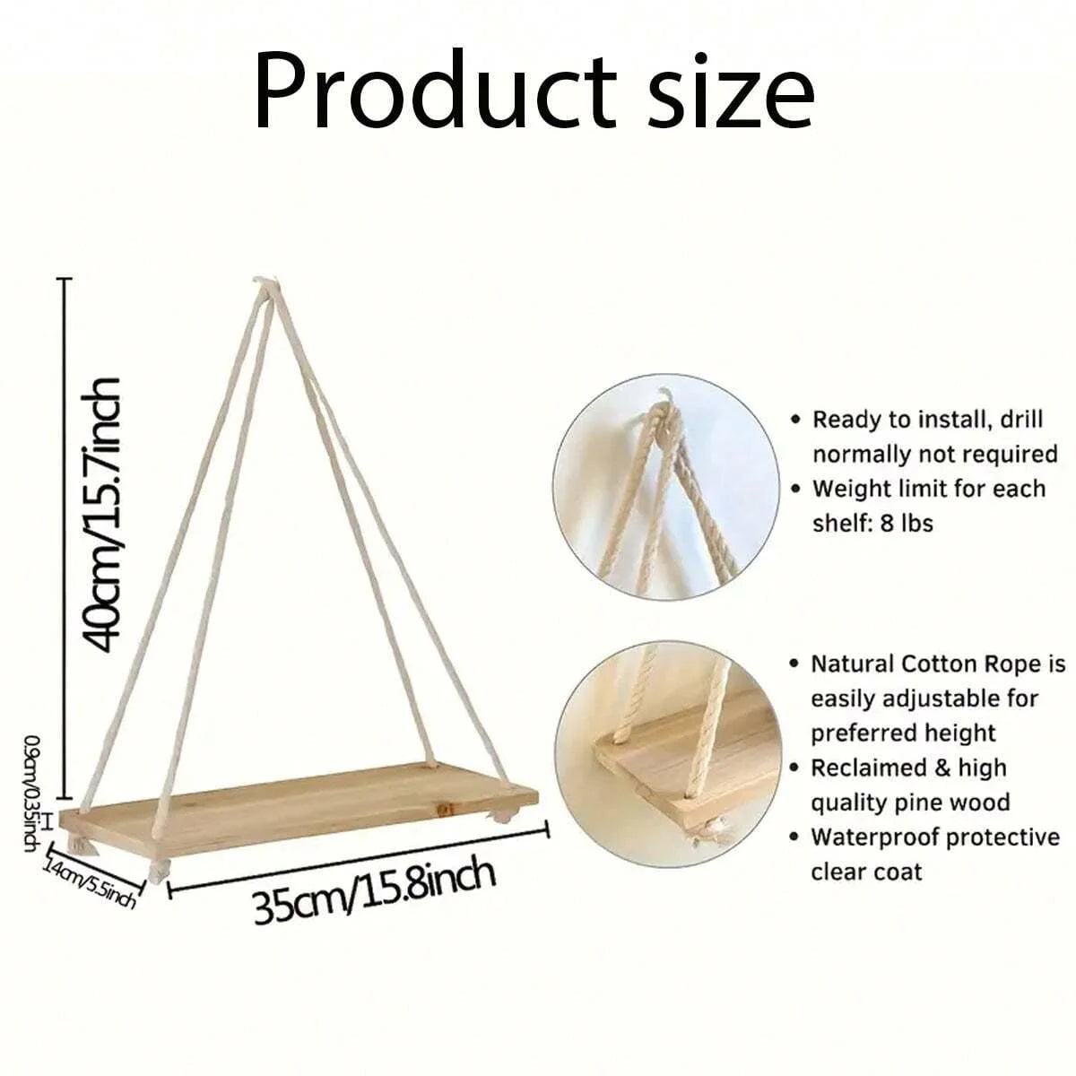 Wooden Swing Hanging Hemp Rope Wall Shelve ( 1 PC )