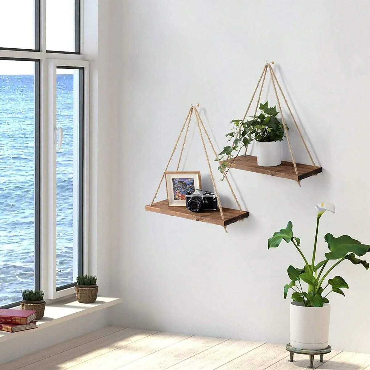 Wooden Swing Hanging Hemp Rope Wall Shelve ( 1 PC )